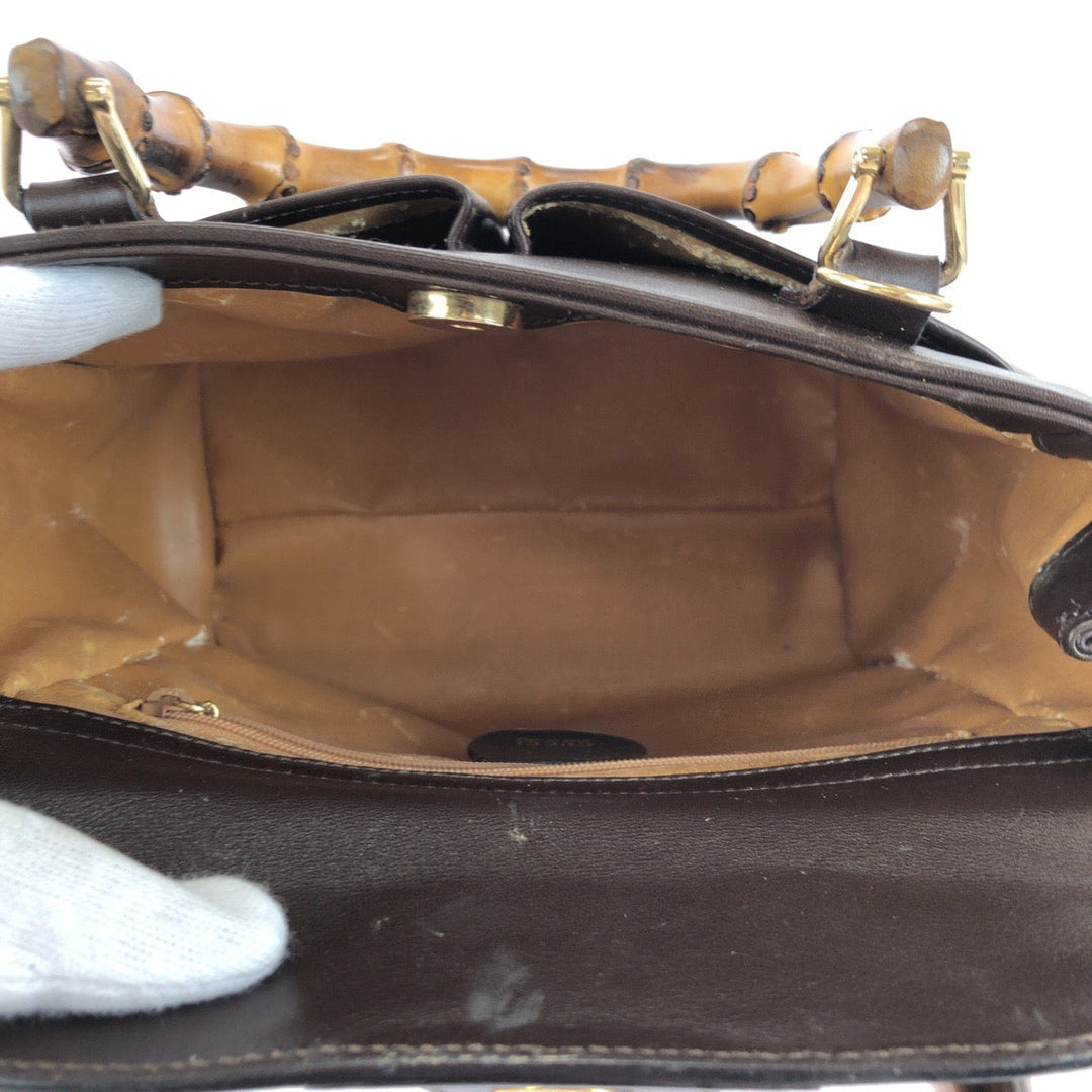 GUCCI Handbag 000 032 0015 leather Brown Gold Metal Shoulder Bag Handbag 2way Bamboo Women Used Authentic