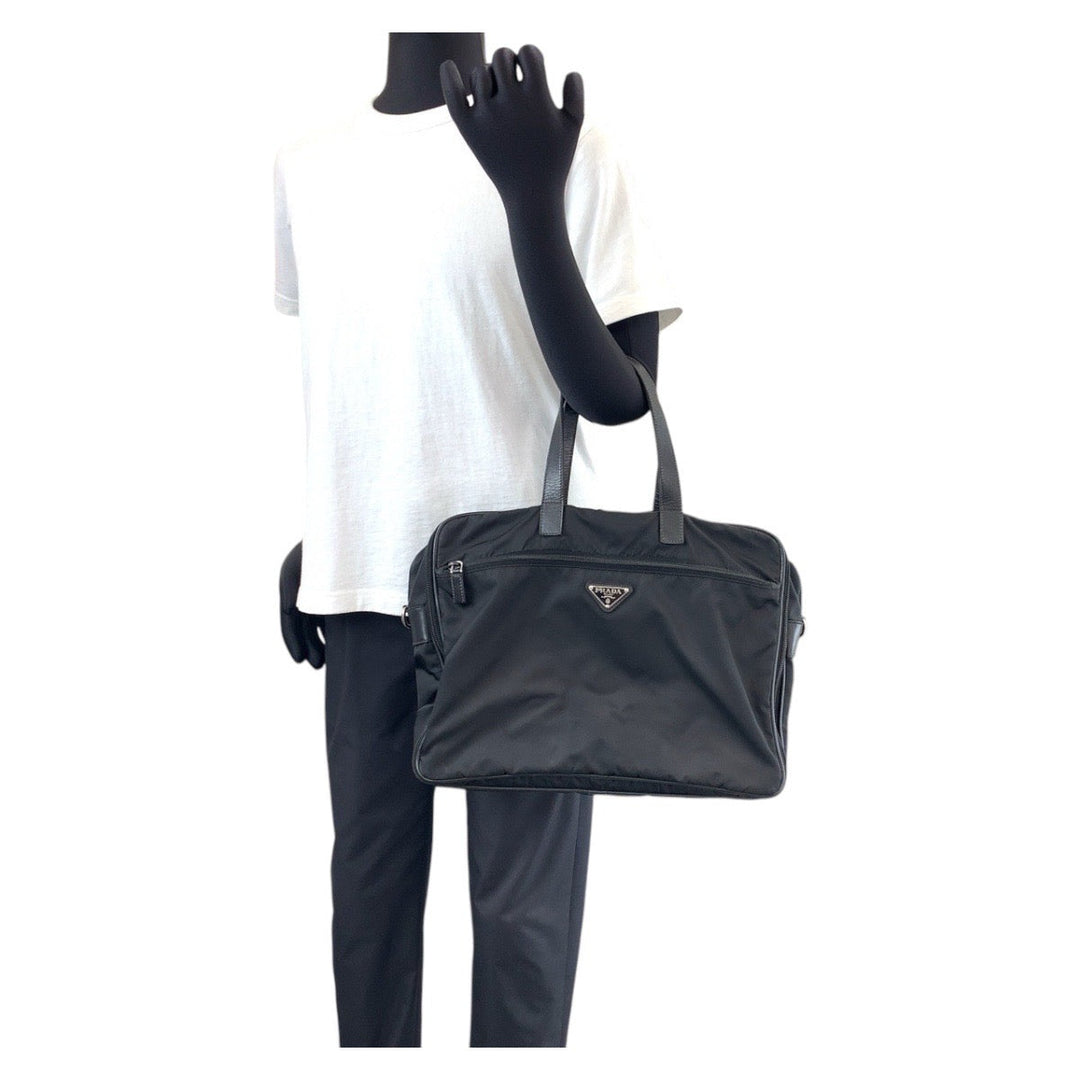 PRADA Business bag Nylon, Leather Black SilverMetal Business bag Briefcase 2way Testo Saffiano Triangle With logo mens Used Authentic