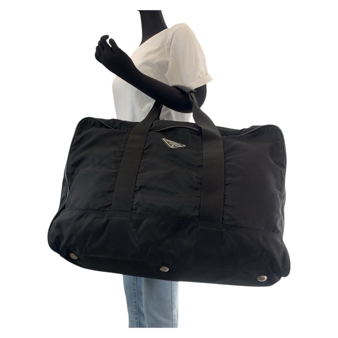 PRADA Boston Duffel bag Nylon BlackSilverMetal Boston Duffel bag unisex Test Triangle With logo Women Used Authentic