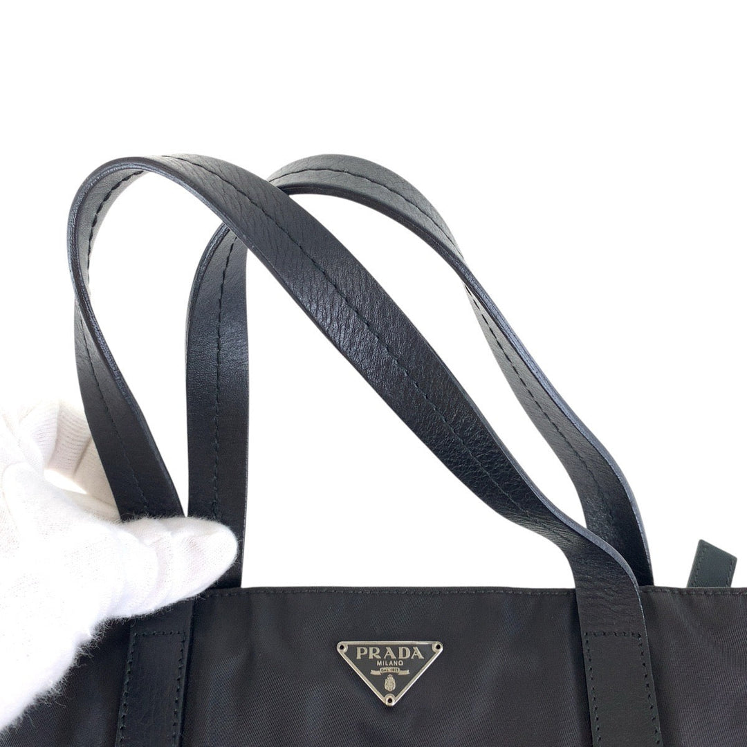 PRADA Tote Bag Nylon, Leather Black SilverMetal Tote Bag handbag Test Triangle With logo Women Used Authentic