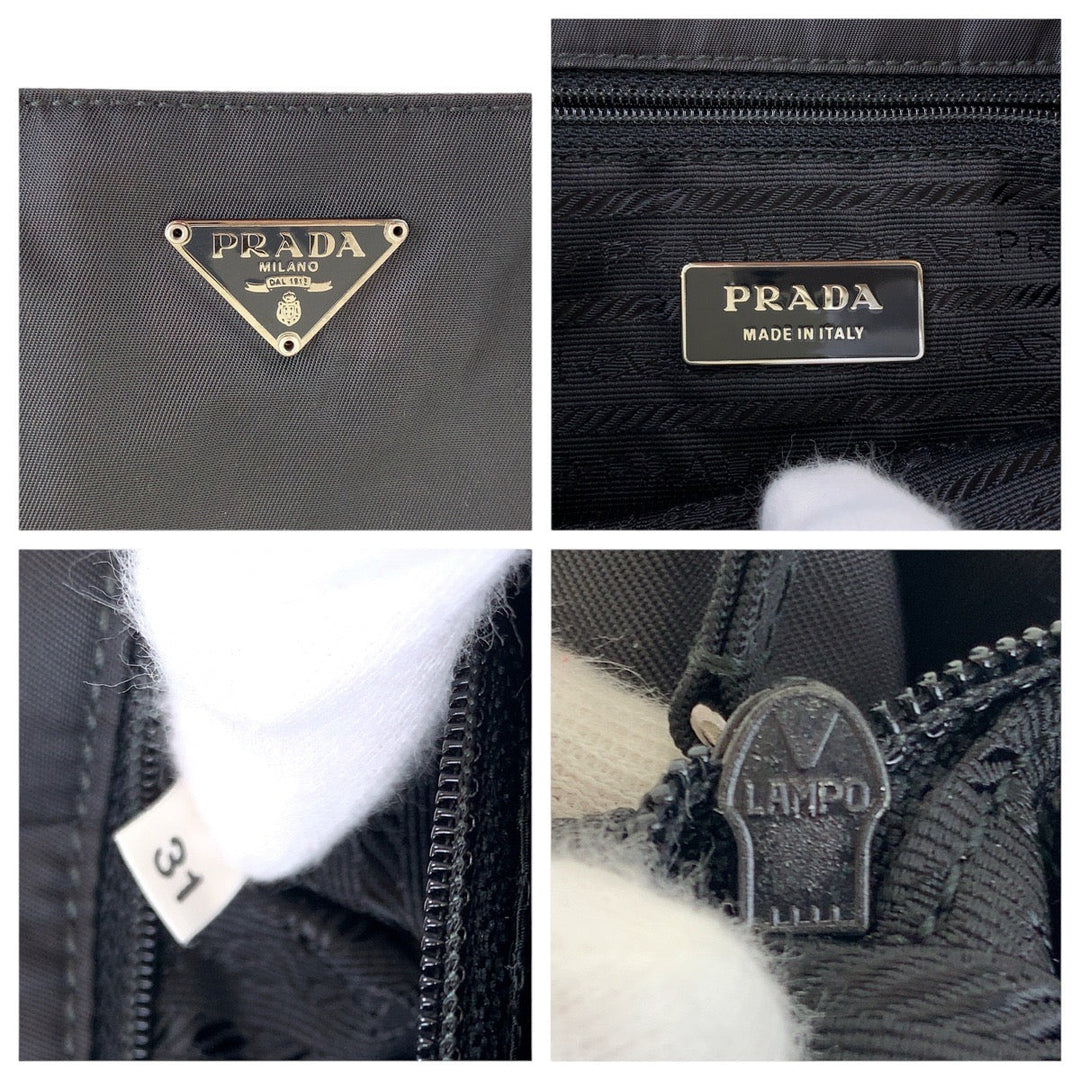 PRADA Tote Bag Nylon, Leather Black SilverMetal Tote Bag handbag Test Triangle With logo Women Used Authentic