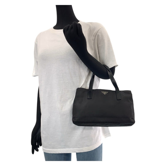 PRADA Tote Bag Nylon, Leather Black SilverMetal Tote Bag handbag Test Triangle With logo Women Used Authentic