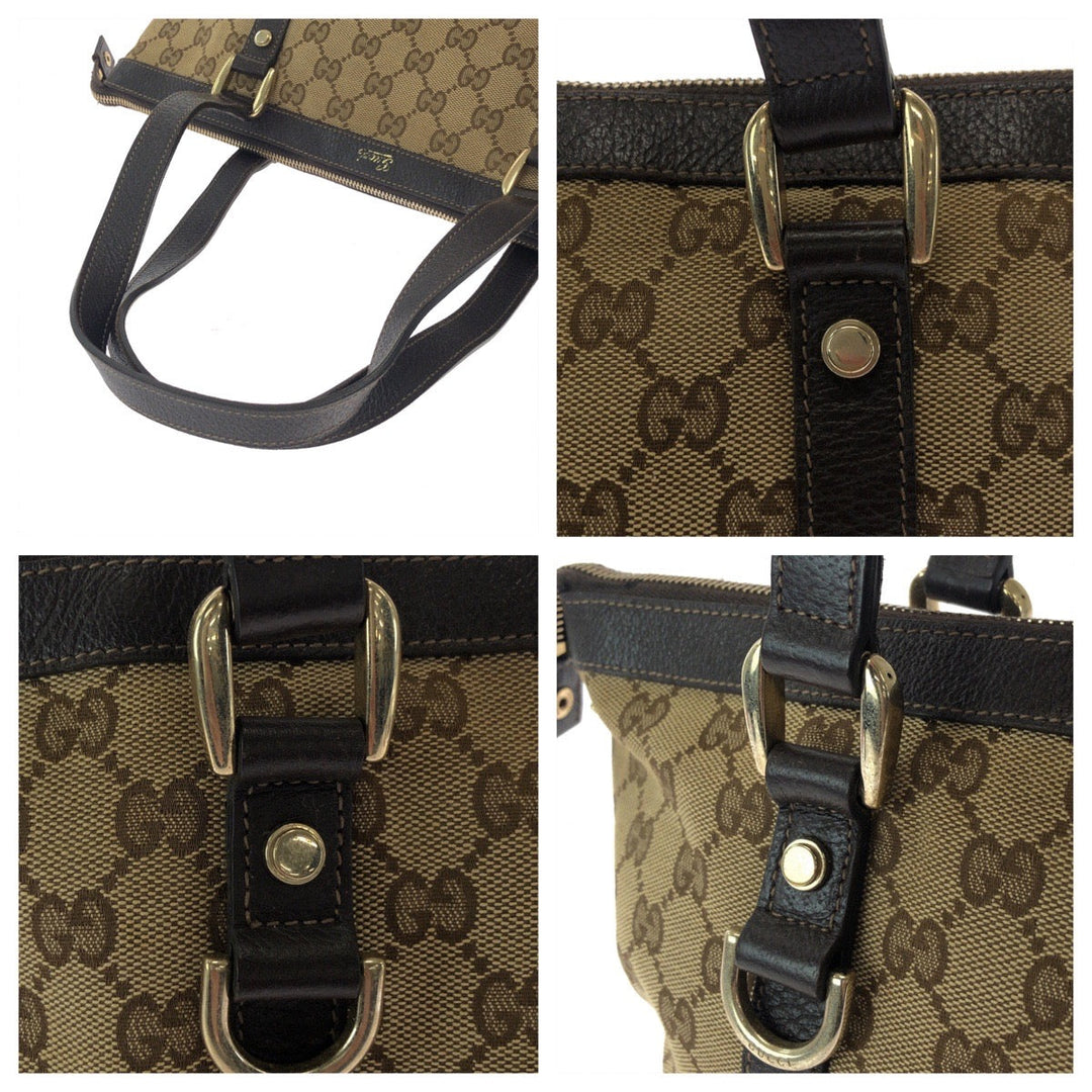 GUCCI Tote Bag 141470 GG canvas Beige Brown Gold Metal Tote Bag Shoulder Bag Women Used Authentic