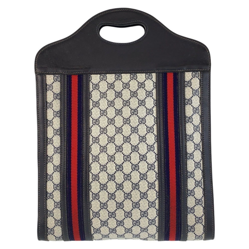 GUCCI Tote Bag GG Supreme canvas, leather Navy gray Tote Bag Sherry line Women Used Authentic