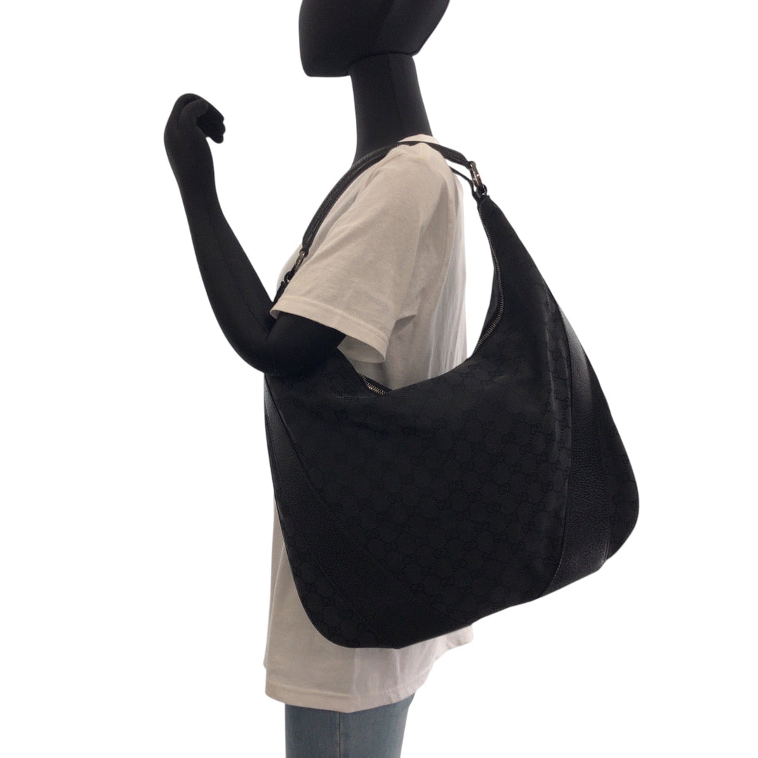 GUCCI Shoulder Bag 124358 GG canvas Black SilverMetal Hobo One Shoulder Bag Women Used Authentic