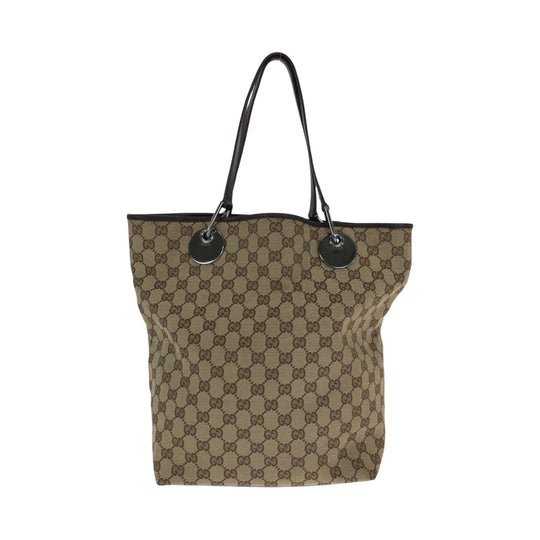GUCCI Tote Bag 120836 GG canvas Beige Brown SilverMetal Tote Bag Shoulder Bag Women Used Authentic
