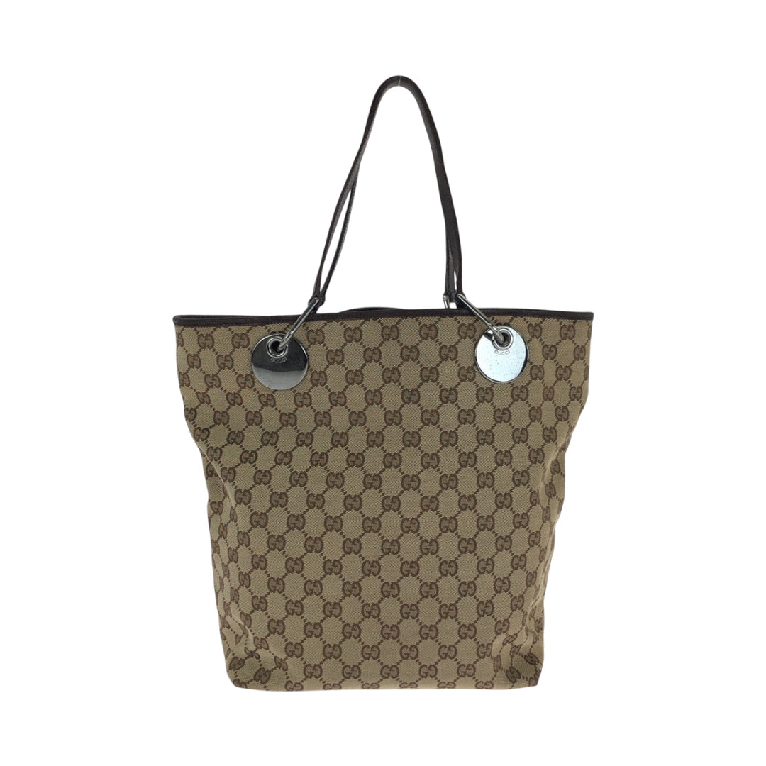 GUCCI Tote Bag 120836 GG canvas Beige Brown SilverMetal Tote Bag Shoulder Bag Women Used Authentic
