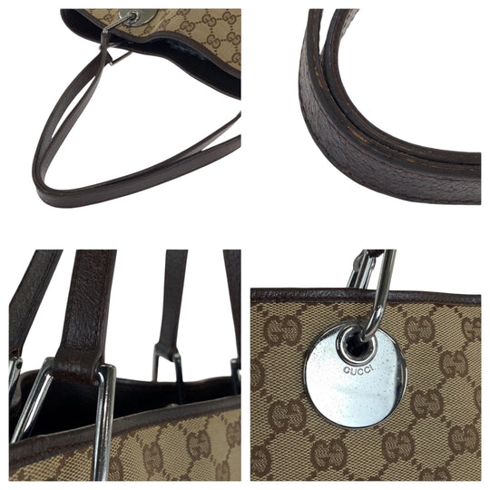 GUCCI Tote Bag 120836 GG canvas Beige Brown SilverMetal Tote Bag Shoulder Bag Women Used Authentic