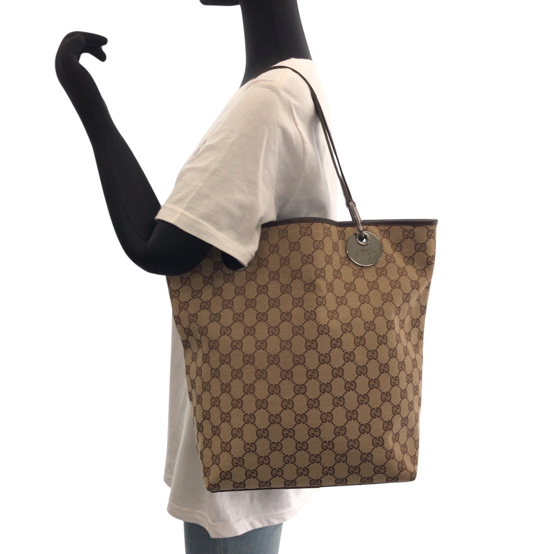 GUCCI Tote Bag 120836 GG canvas Beige Brown SilverMetal Tote Bag Shoulder Bag Women Used Authentic