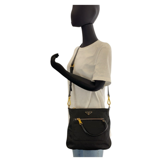 PRADA Shoulder Bag Nylon, Leather Black GoldMetal Shoulder Bag Messenger bag Test Triangle With logo Women Used Authentic