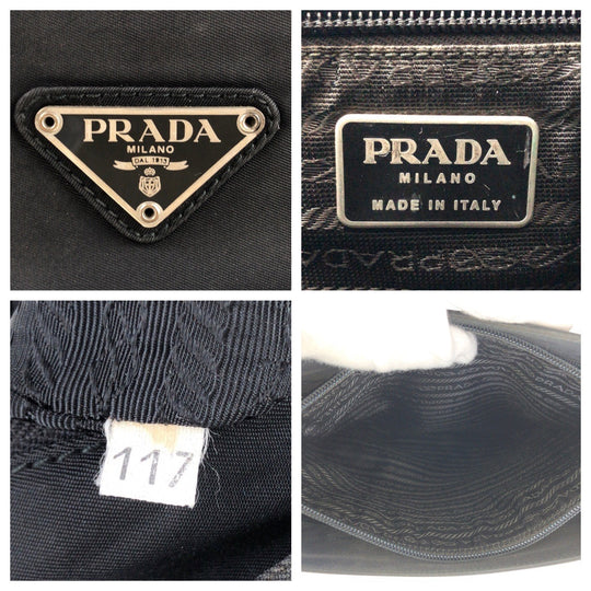 PRADA Tote Bag Nylon Black SilverMetal Tote Bag Shoulder Bag Test Triangle With logo Women Used Authentic