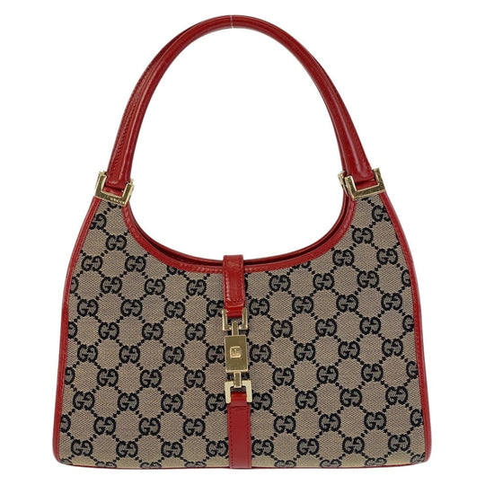 GUCCI Shoulder Bag 002 1068 GG canvas, leather Red Beige Gold Metal Hobo Shoulder Bag Handbag Jackie Women Used Authentic