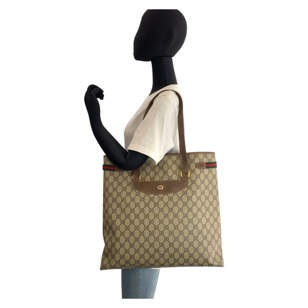 GUCCI Tote Bag 39 02 091 GG Supreme Canvas Beige Brown Gold Metal Tote Bag Shoulder Bag Sherry Line Old Gucci Women Used Authentic