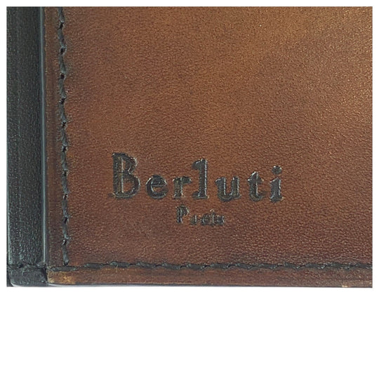 Berluti Long Wallet Purse leather Brown Long Wallet Purse Calligraphy script mens Used Authentic