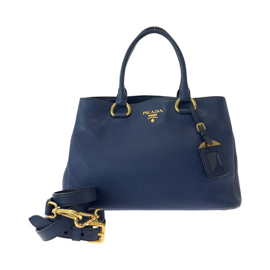 PRADA Tote Bag BN2878 leather Navy Gold Metal Tote Bag Shoulder Bag Handbag 2way Viterodino Women Used Authentic