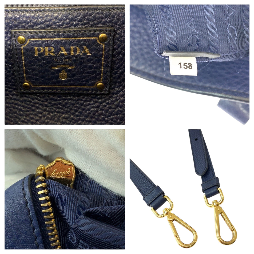 PRADA Tote Bag BN2878 leather Navy Gold Metal Tote Bag Shoulder Bag Handbag 2way Viterodino Women Used Authentic