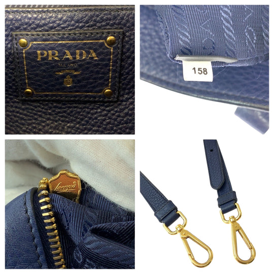 PRADA Tote Bag BN2878 leather Navy Gold Metal Tote Bag Shoulder Bag Handbag 2way Viterodino Women Used Authentic