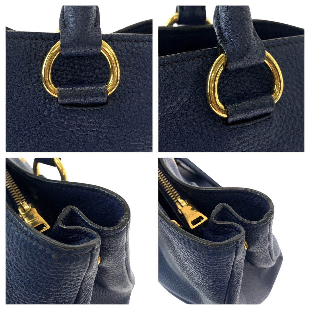 PRADA Tote Bag BN2878 leather Navy Gold Metal Tote Bag Shoulder Bag Handbag 2way Viterodino Women Used Authentic