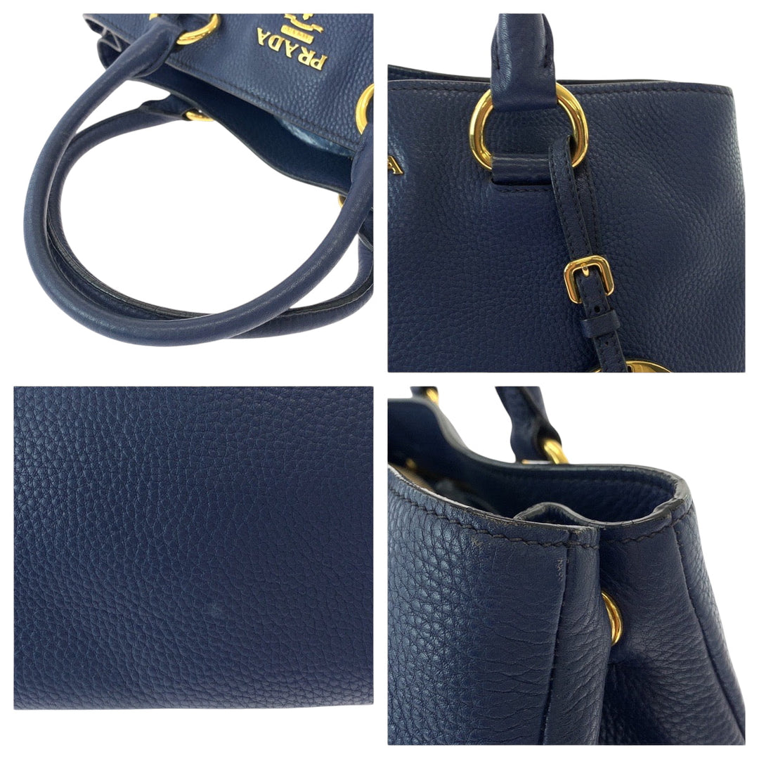 PRADA Tote Bag BN2878 leather Navy Gold Metal Tote Bag Shoulder Bag Handbag 2way Viterodino Women Used Authentic