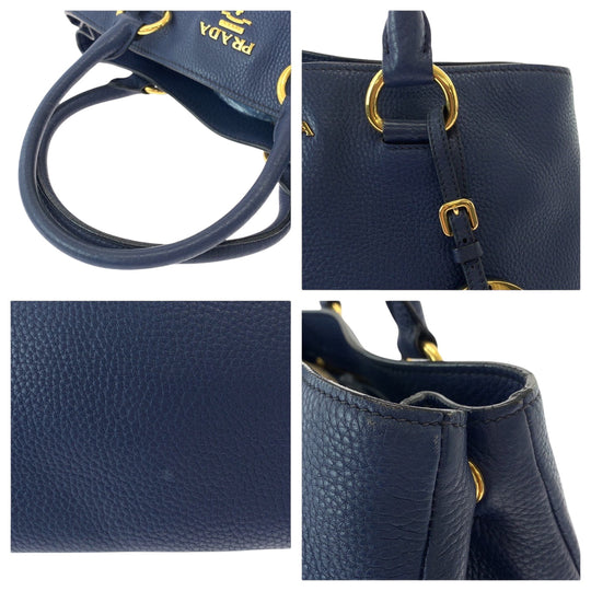 PRADA Tote Bag BN2878 leather Navy Gold Metal Tote Bag Shoulder Bag Handbag 2way Viterodino Women Used Authentic