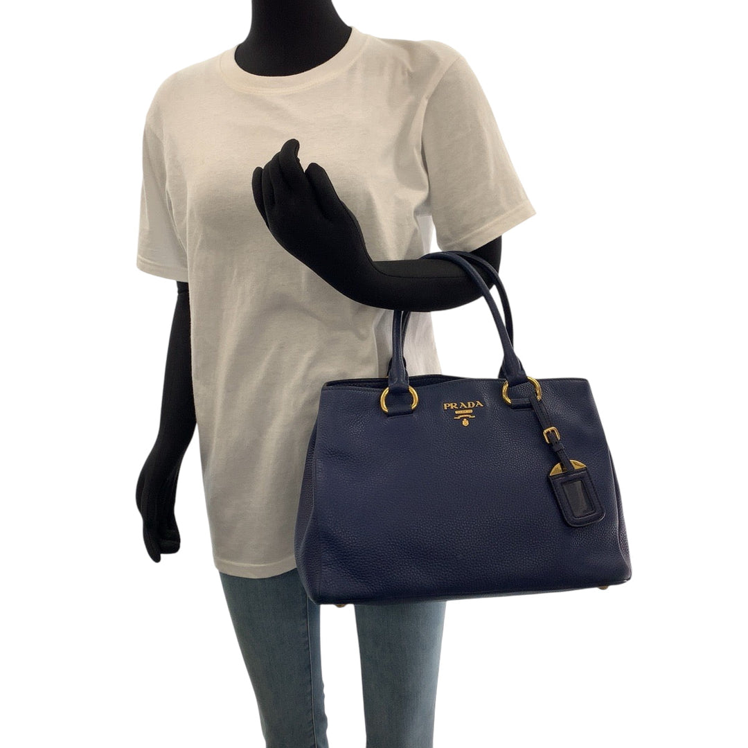 PRADA Tote Bag BN2878 leather Navy Gold Metal Tote Bag Shoulder Bag Handbag 2way Viterodino Women Used Authentic
