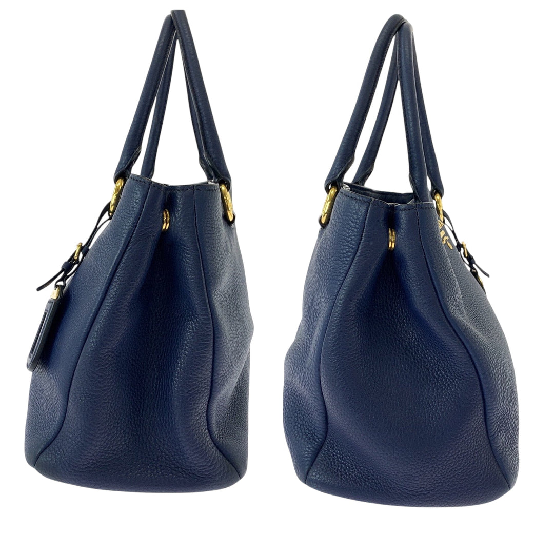 PRADA Tote Bag BN2878 leather Navy Gold Metal Tote Bag Shoulder Bag Handbag 2way Viterodino Women Used Authentic