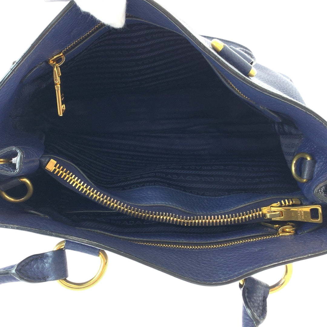PRADA Tote Bag BN2878 leather Navy Gold Metal Tote Bag Shoulder Bag Handbag 2way Viterodino Women Used Authentic