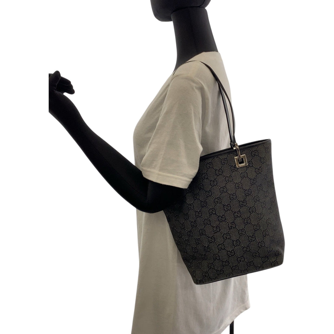GUCCI Tote Bag 31244 GG canvas Black SilverMetal Tote Bag Shoulder Bag Women Used Authentic