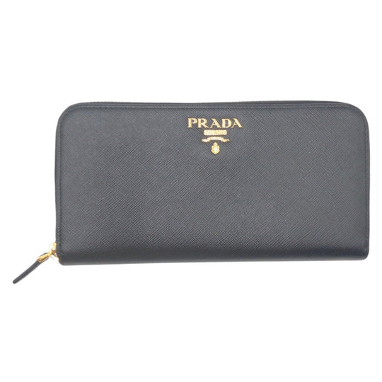 PRADA Long Wallet Purse leather Black gold Long Wallet Purse Zip Around Safiano Women Used Authentic