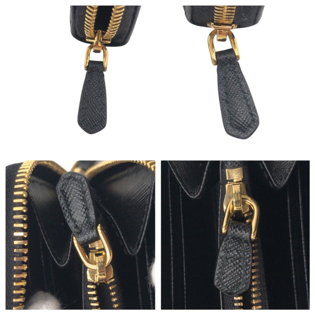 PRADA Long Wallet Purse leather Black gold Long Wallet Purse Zip Around Safiano Women Used Authentic