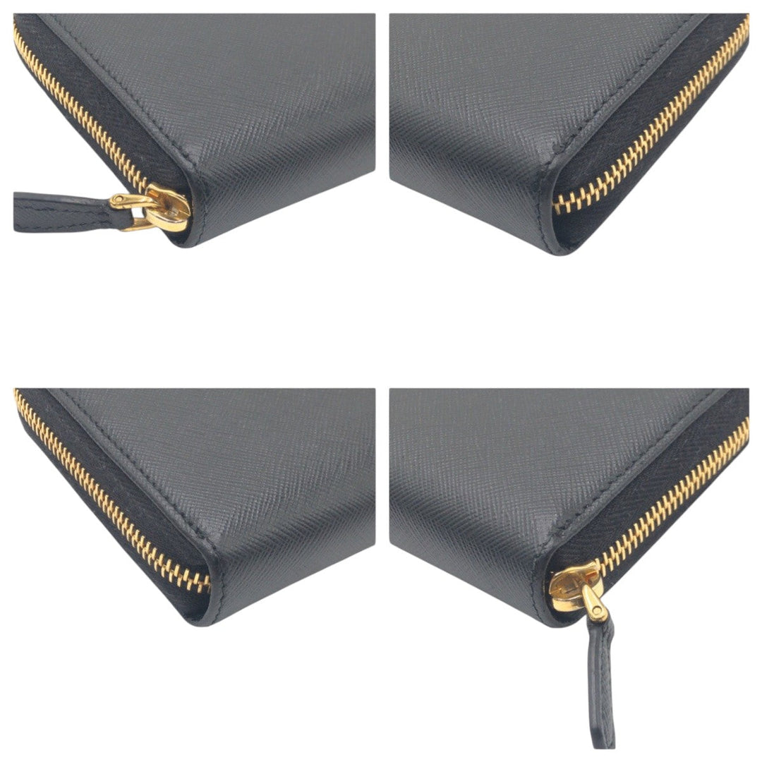 PRADA Long Wallet Purse leather Black gold Long Wallet Purse Zip Around Safiano Women Used Authentic