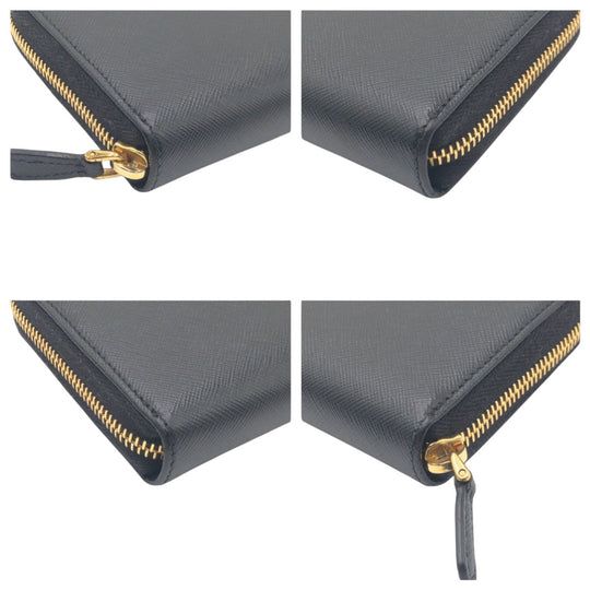 PRADA Long Wallet Purse leather Black gold Long Wallet Purse Zip Around Safiano Women Used Authentic