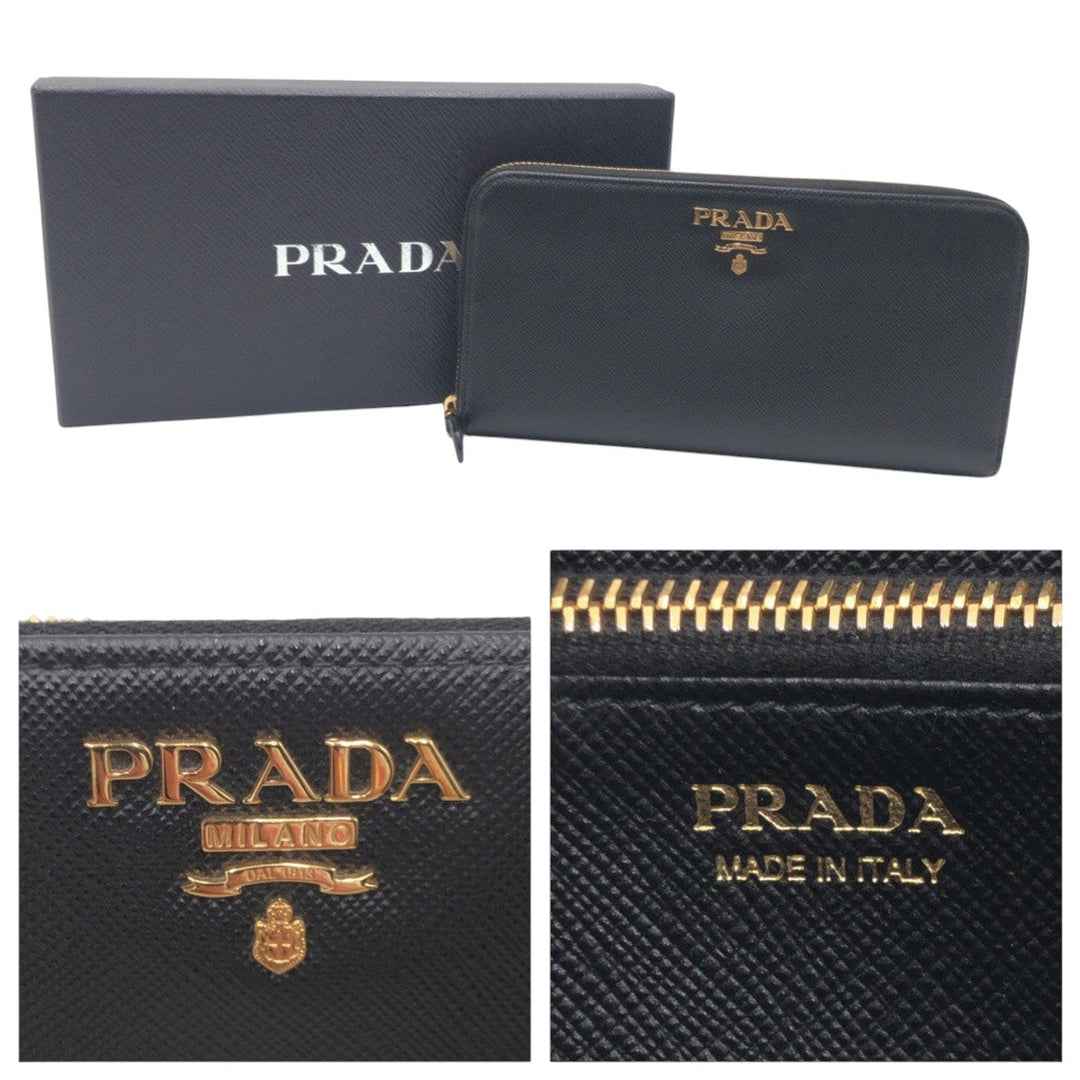 PRADA Long Wallet Purse leather Black gold Long Wallet Purse Zip Around Safiano Women Used Authentic