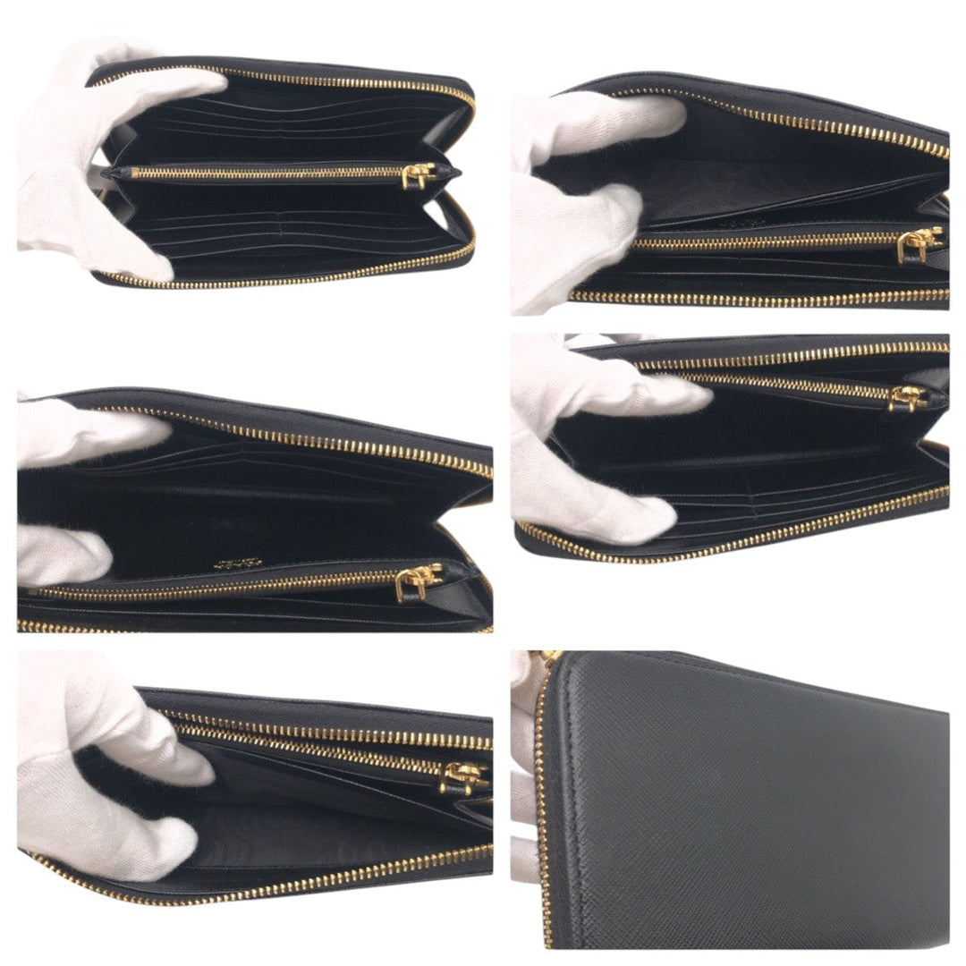 PRADA Long Wallet Purse leather Black gold Long Wallet Purse Zip Around Safiano Women Used Authentic