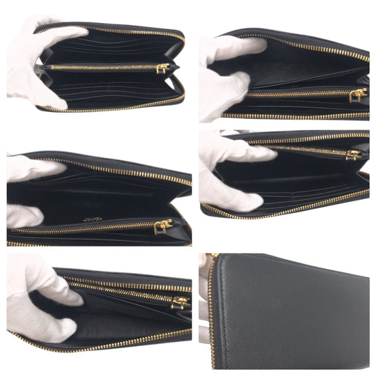 PRADA Long Wallet Purse leather Black gold Long Wallet Purse Zip Around Safiano Women Used Authentic
