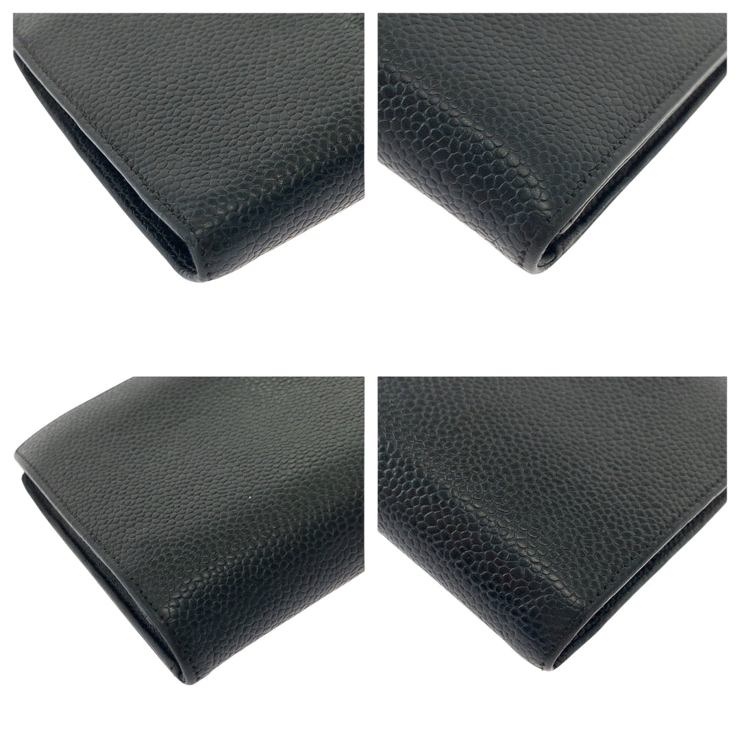 CHANEL Long Wallet Purse Caviar skin Black GoldMetal Long Wallet Purse COCO Mark Women Used Authentic