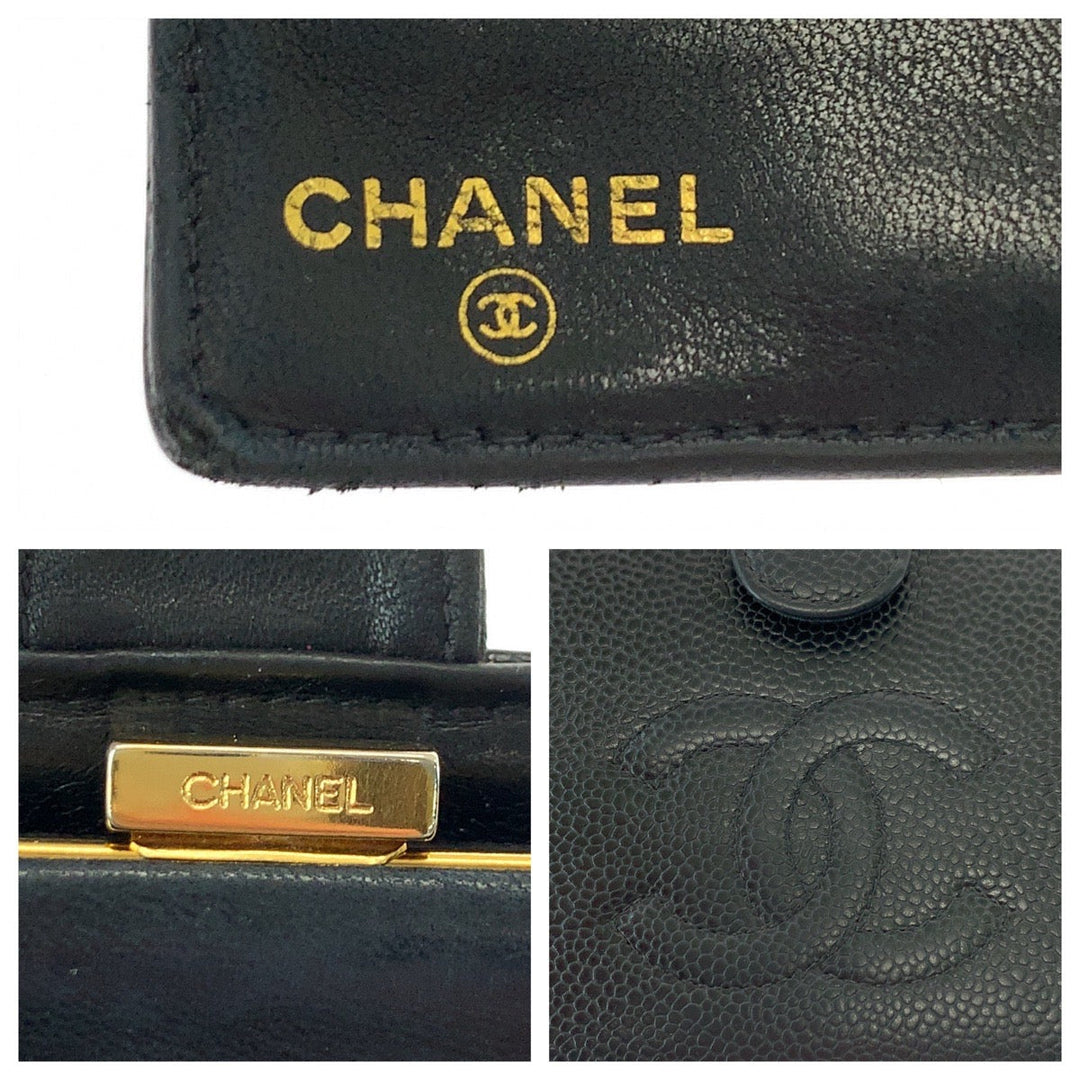 CHANEL Long Wallet Purse Caviar skin Black GoldMetal Long Wallet Purse COCO Mark Women Used Authentic