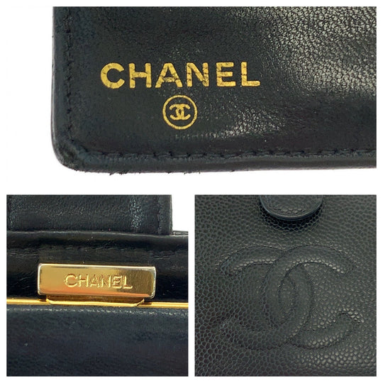 CHANEL Long Wallet Purse Caviar skin Black GoldMetal Long Wallet Purse COCO Mark Women Used Authentic