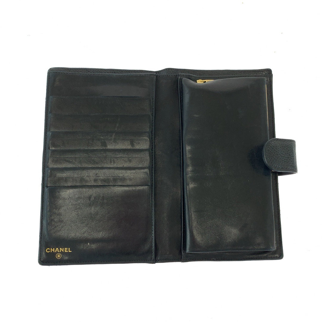 CHANEL Long Wallet Purse Caviar skin Black GoldMetal Long Wallet Purse COCO Mark Women Used Authentic