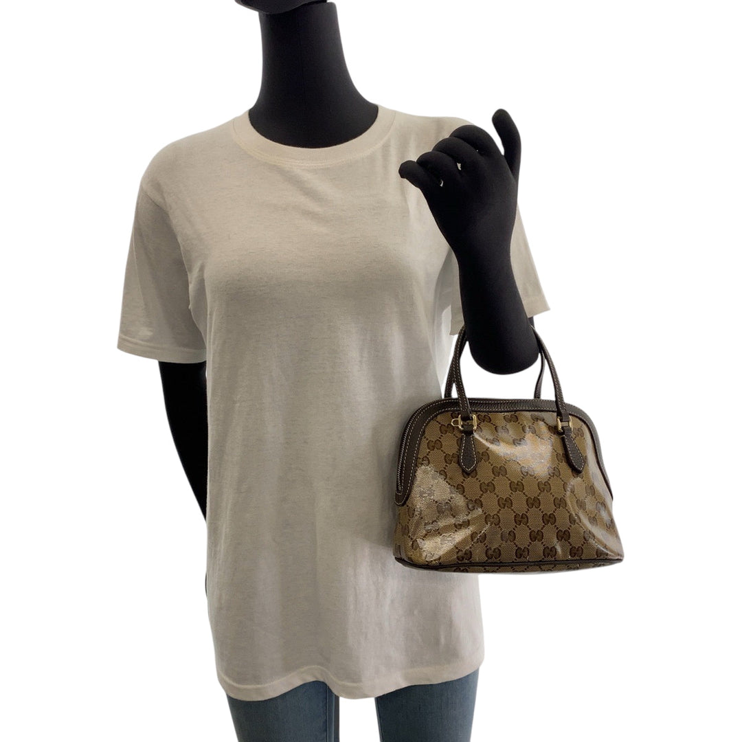 GUCCI Handbag 351403 PVC Brown Beige Gold Metal Handbag GG crystal Women Used Authentic