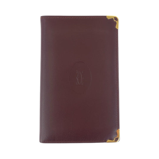 CARTIER Bifold Wallet leather Wine Red Bordeaux Gold Metal Folding wallet Compact wallet Unisex Must Line Women Used Authentic