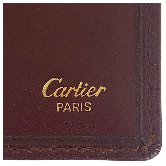CARTIER Bifold Wallet leather Wine Red Bordeaux Gold Metal Folding wallet Compact wallet Unisex Must Line Women Used Authentic