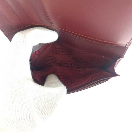 CARTIER Bifold Wallet leather Wine Red Bordeaux Gold Metal Folding wallet Compact wallet Unisex Must Line Women Used Authentic