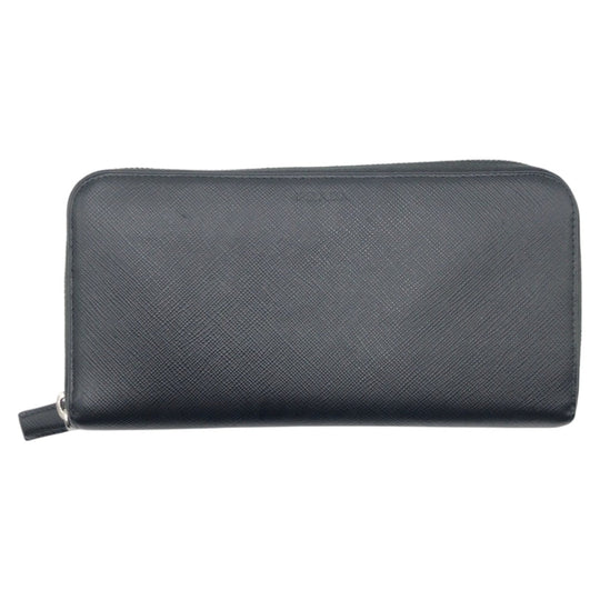 PRADA Long Wallet Purse leather Black SilverMetal Long Wallet Purse Zip Around Unisex Safiano mens Used Authentic