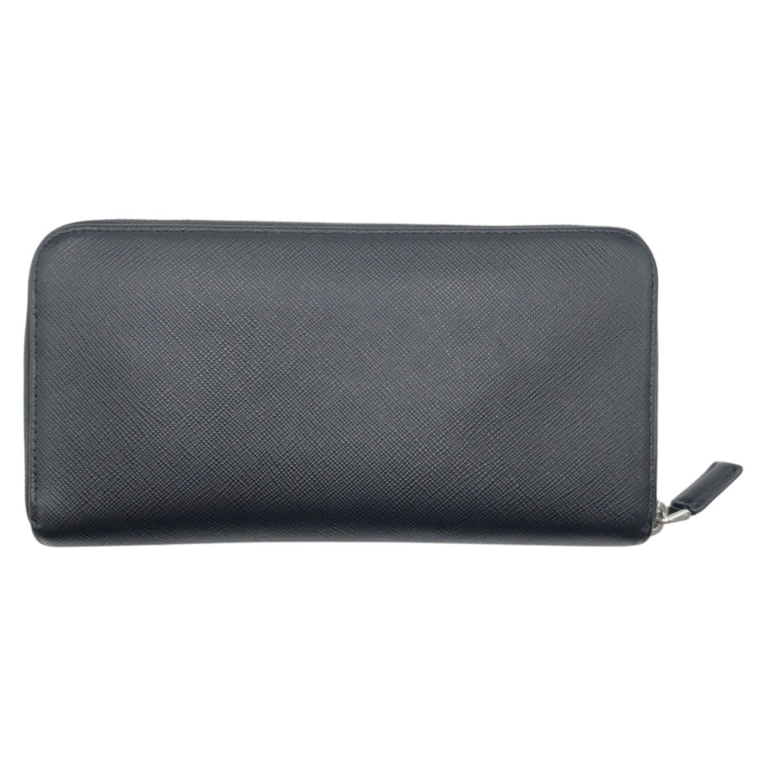 PRADA Long Wallet Purse leather Black SilverMetal Long Wallet Purse Zip Around Unisex Safiano mens Used Authentic