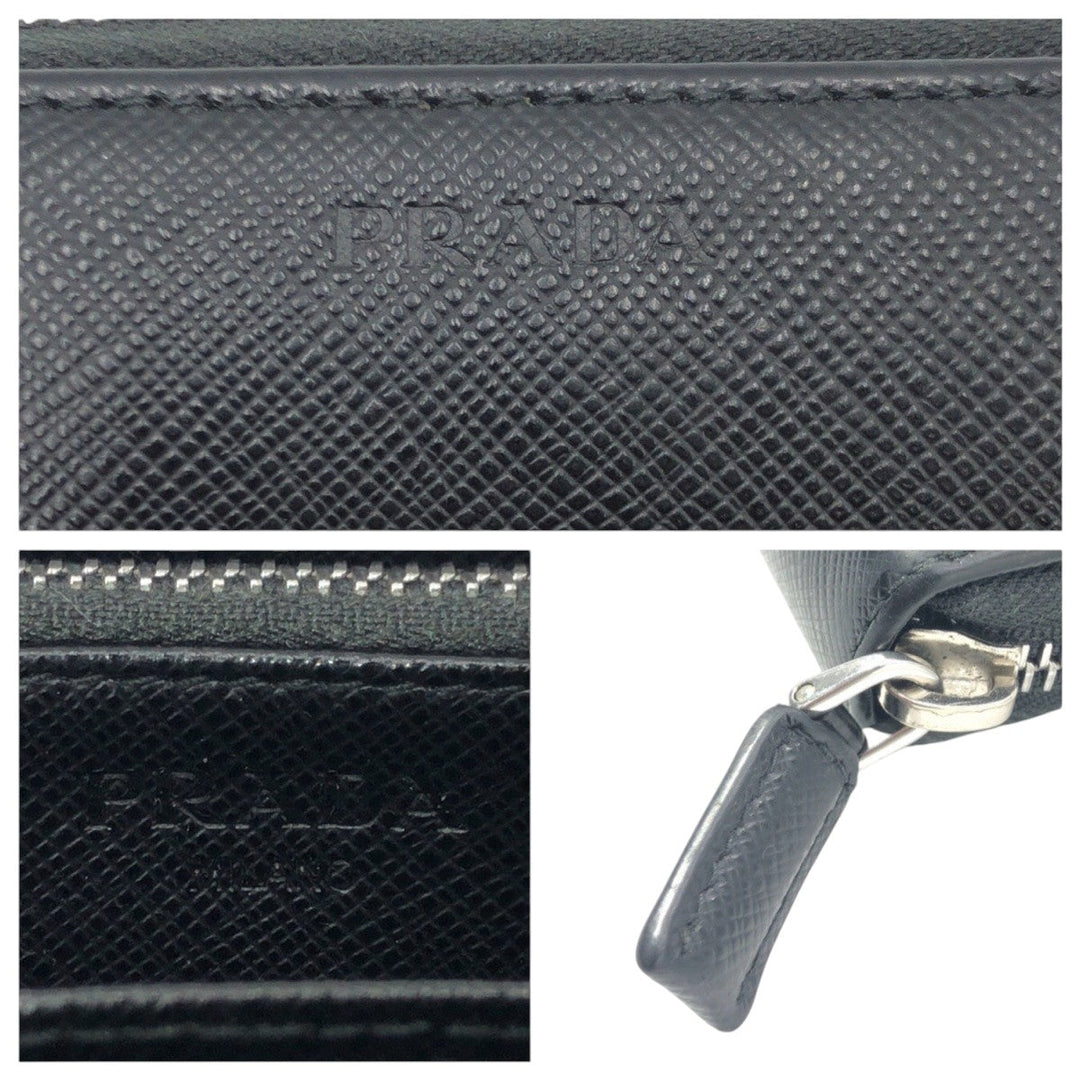 PRADA Long Wallet Purse leather Black SilverMetal Long Wallet Purse Zip Around Unisex Safiano mens Used Authentic