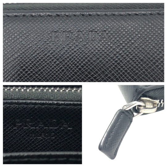 PRADA Long Wallet Purse leather Black SilverMetal Long Wallet Purse Zip Around Unisex Safiano mens Used Authentic