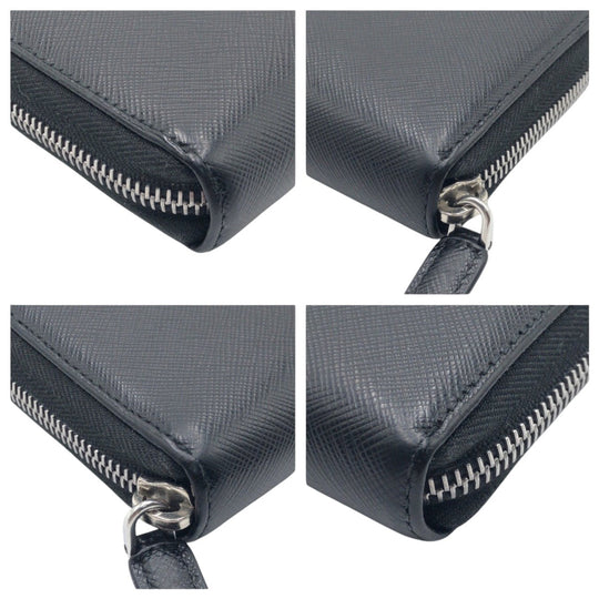 PRADA Long Wallet Purse leather Black SilverMetal Long Wallet Purse Zip Around Unisex Safiano mens Used Authentic