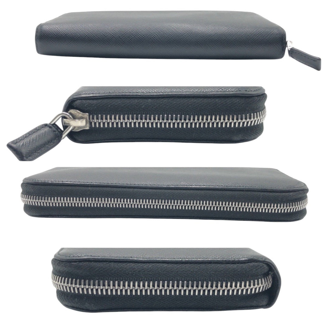 PRADA Long Wallet Purse leather Black SilverMetal Long Wallet Purse Zip Around Unisex Safiano mens Used Authentic