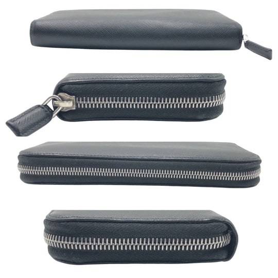 PRADA Long Wallet Purse leather Black SilverMetal Long Wallet Purse Zip Around Unisex Safiano mens Used Authentic